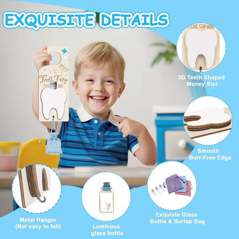 AINBIN Tooth Fairy Door Hanger, Tooth Fairy Tooth Holder Kit with Money Slot Keepsake Bottle Burlap Pouch & Upgrade Night Light, Wooden Encourage Gift for Kids Children Boys Girls Lost Teeth (Blue) - Image 3
